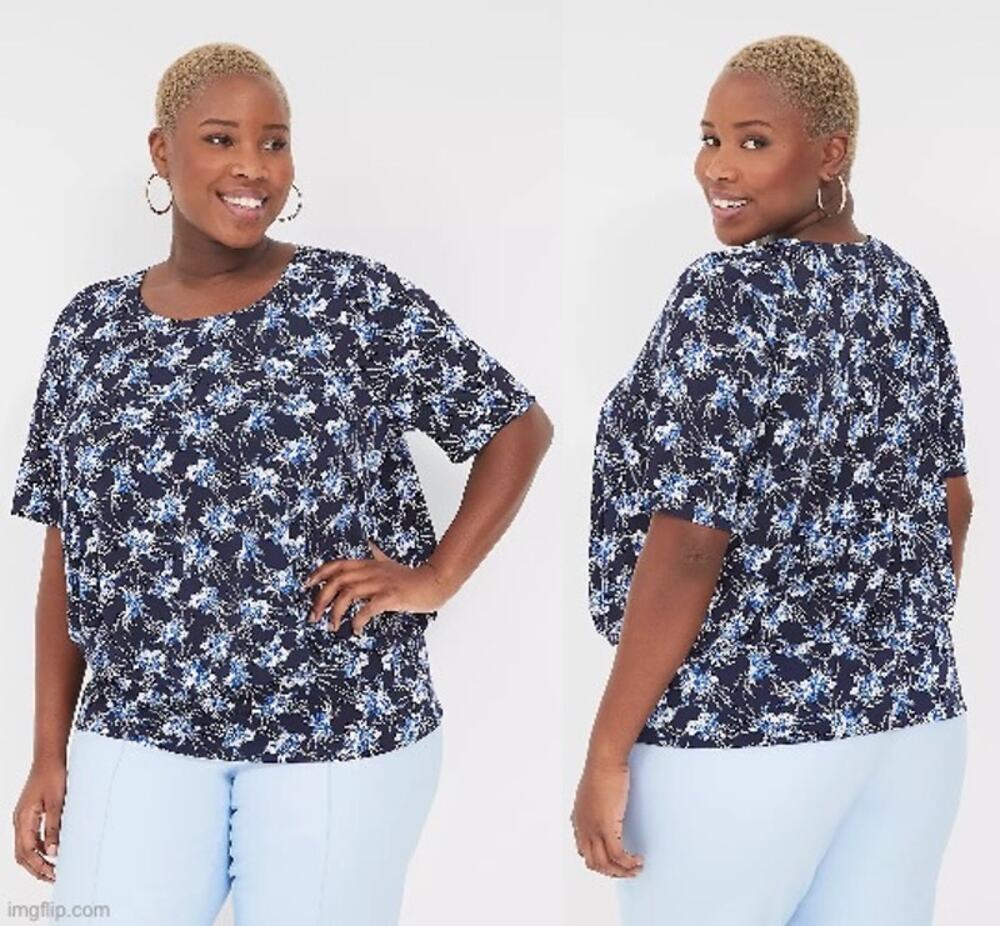 Lane Bryant Women's 26/28 Navy Blue & White Floral S/S Banded Bottom Blouse
